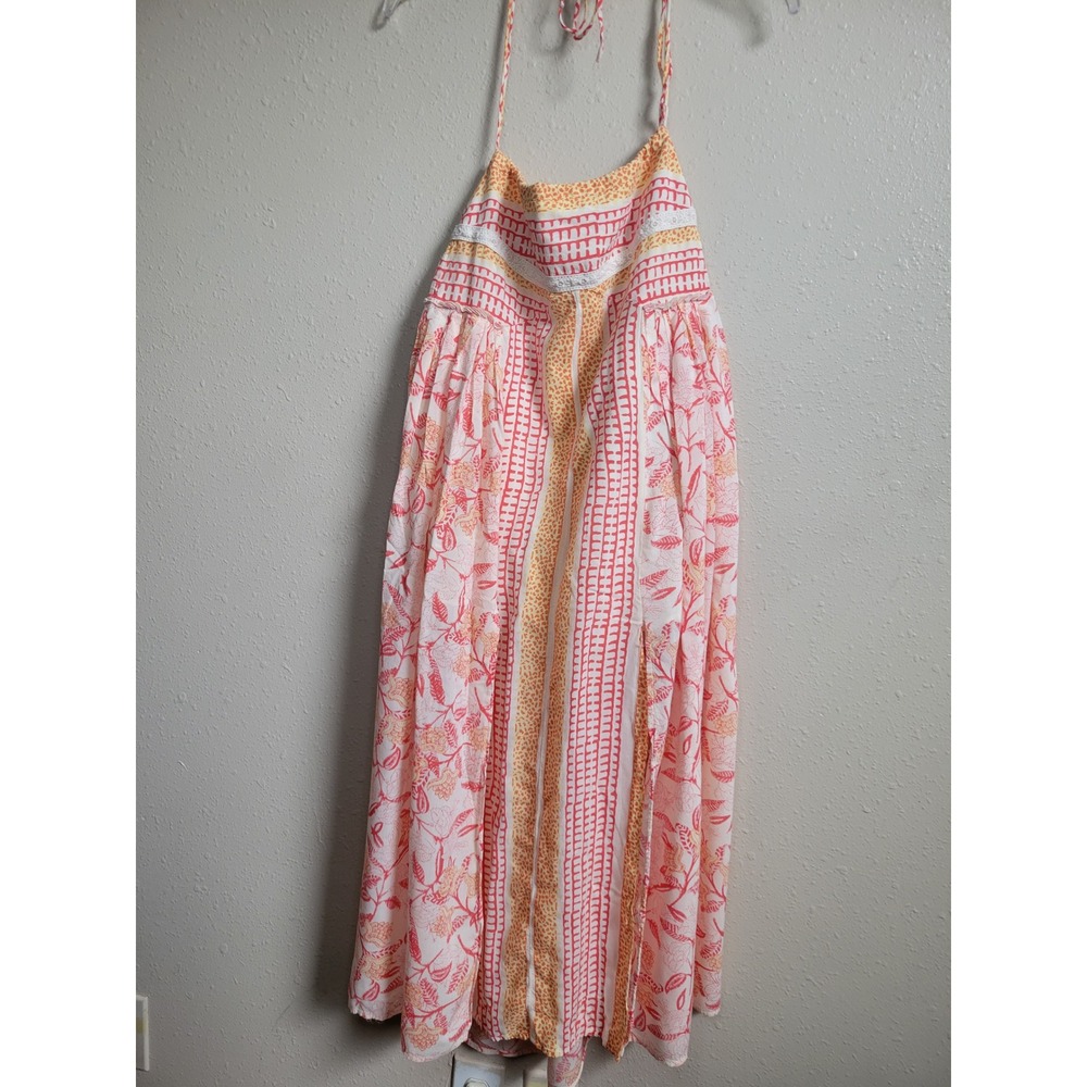 Free People Pink Orange Floral Halter Maxi Dress Crochet Trim XS